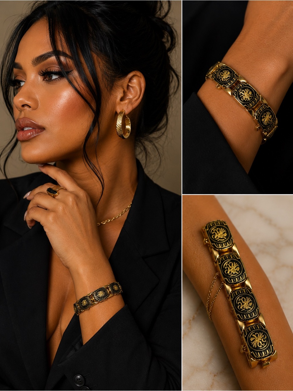 🖤✨ VINTAGE DAMASCENE-STYLE BIRD PANEL BRACELET ✨🖤